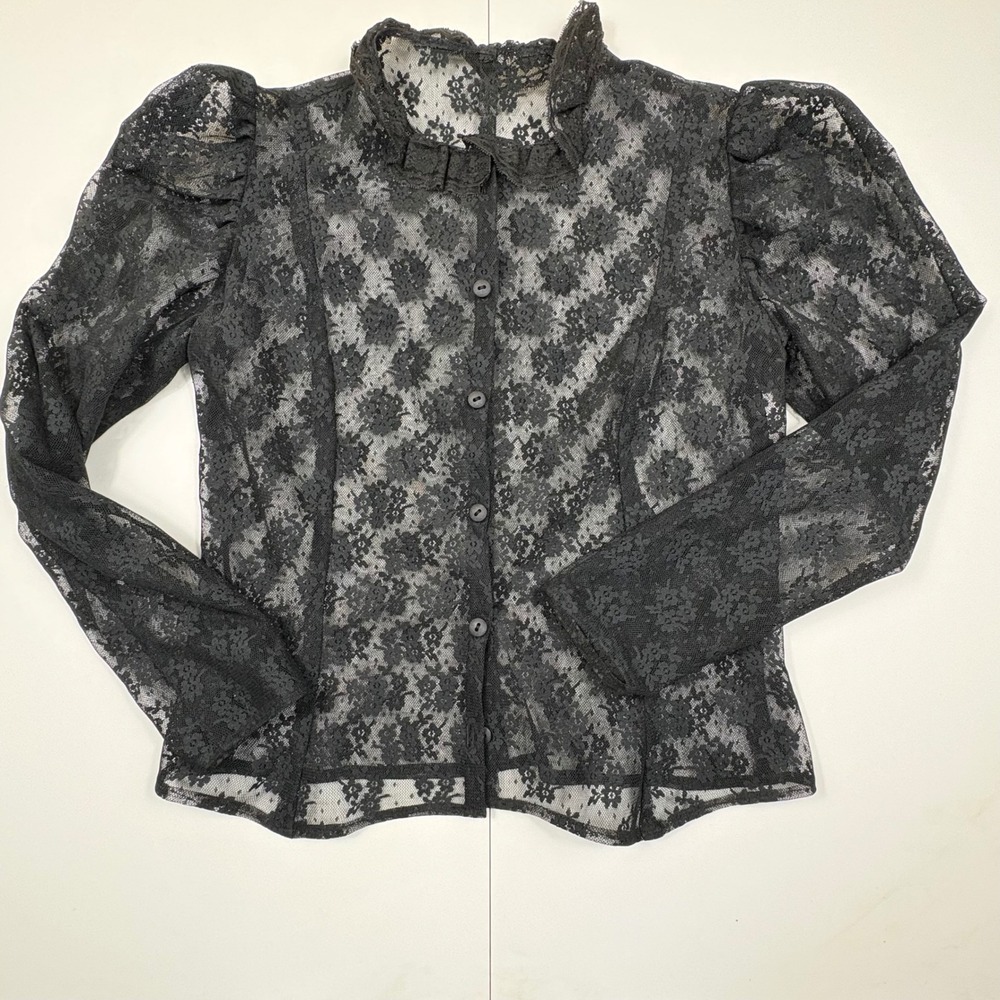 Vintage Black Floral Lace Blouse Puff Sleeve Mock Neck Button Up‎ Sheer S